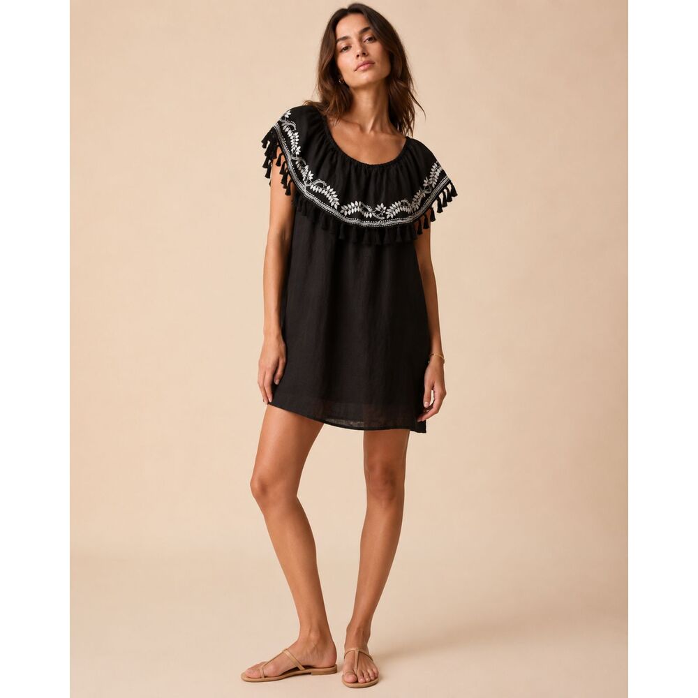 St Roche 100% Linen Black Embroidered Tassel Dress Size S Cotton Lined Boho Mini
